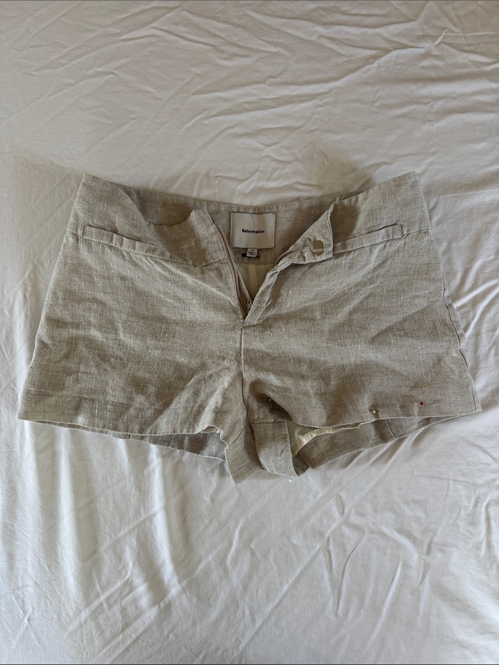 Reformation Light Beige High Waist Linen-Blend Shorts